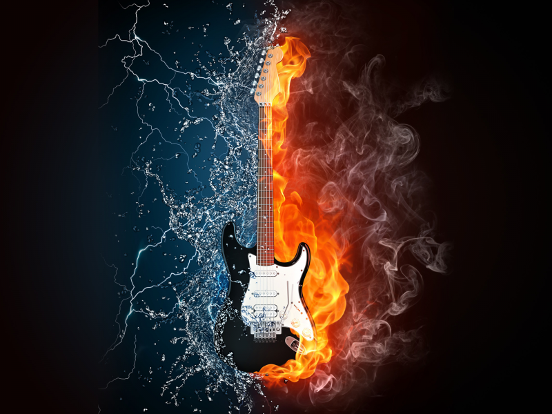 стихия, молнии, огонь, дым, гитара, вода