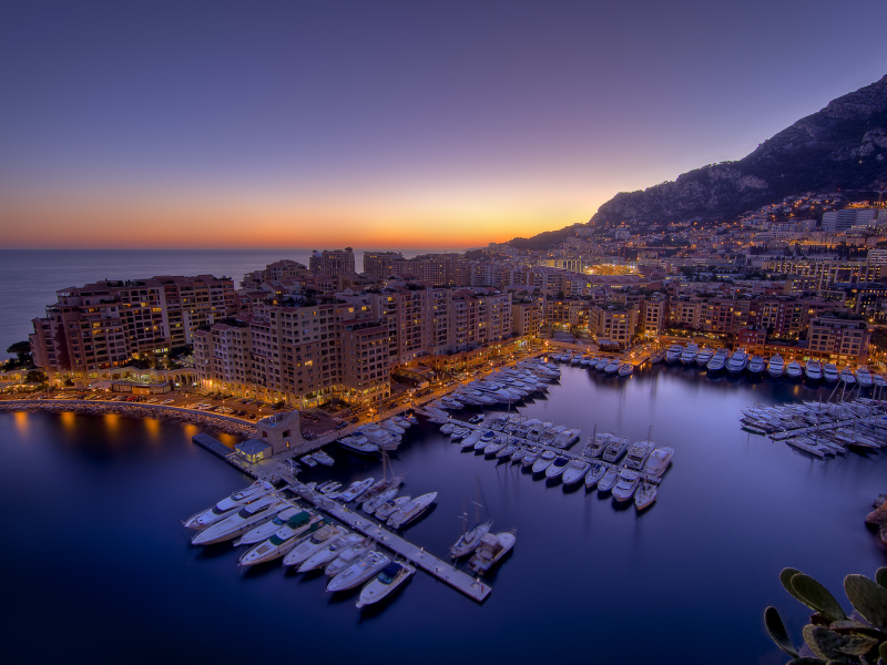 ночь, залив, город, monaco