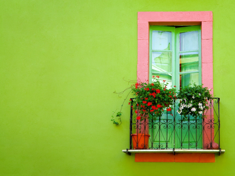 балкон, окно, стена, зеленый