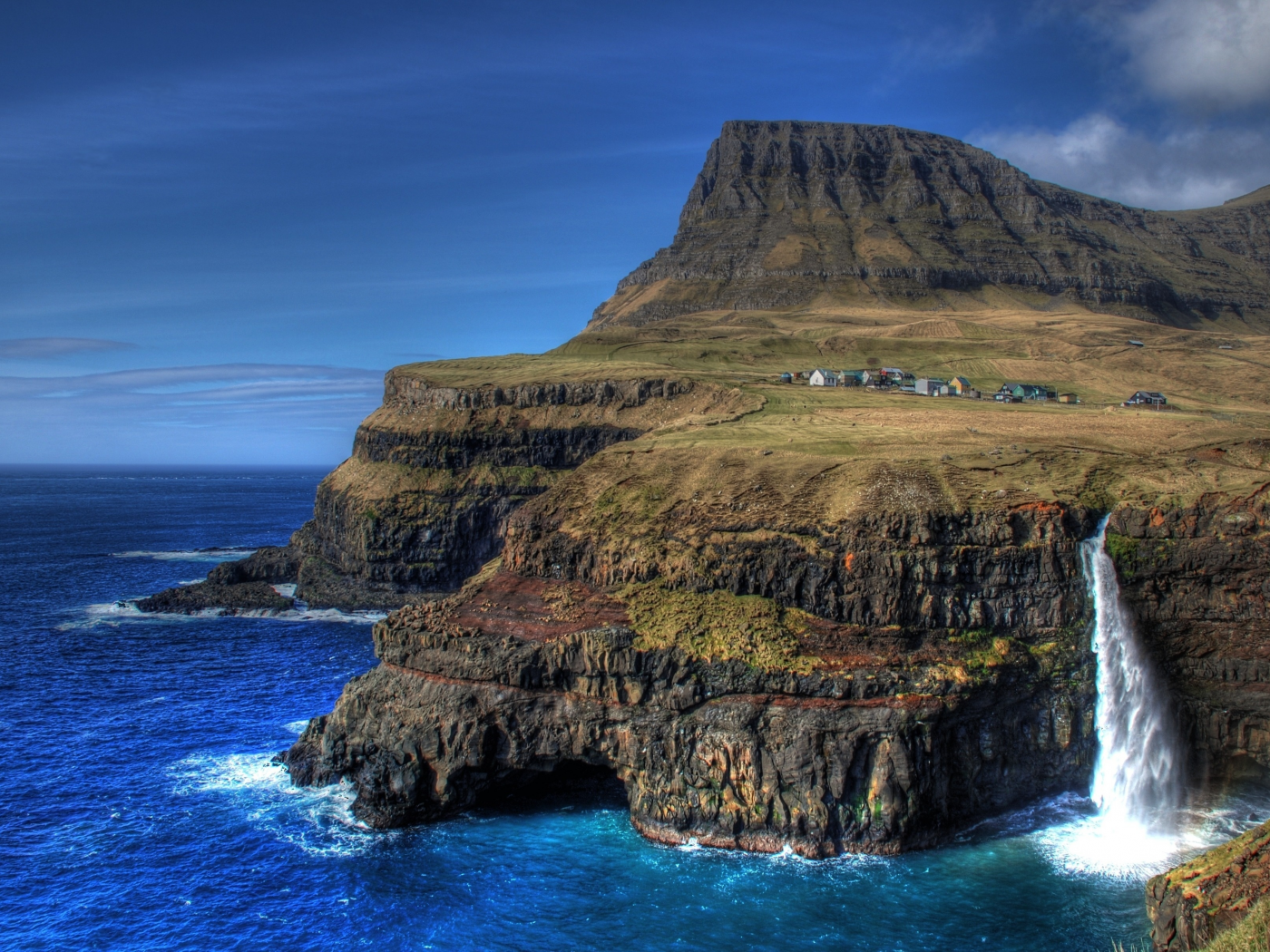 водопад, скалы, остров, island, деревня