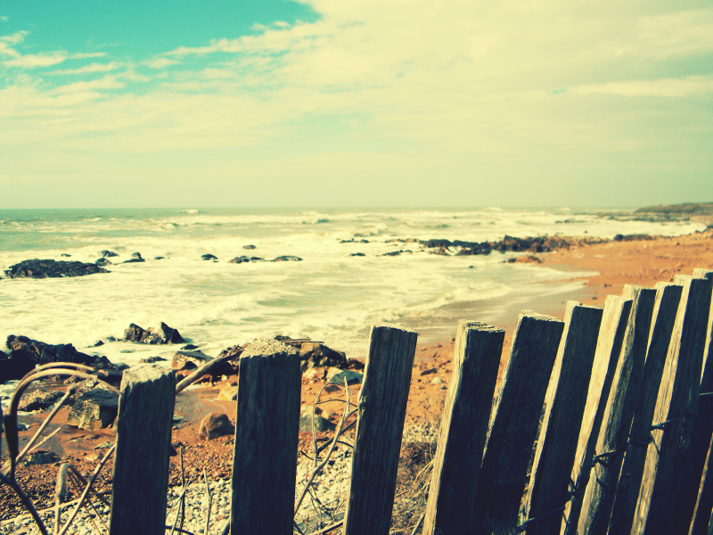 пляж, забор, камни, волны, вода, песок, прибой, море, небо
