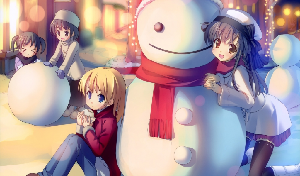 зима, снеговик, настроение, аниме, друзья