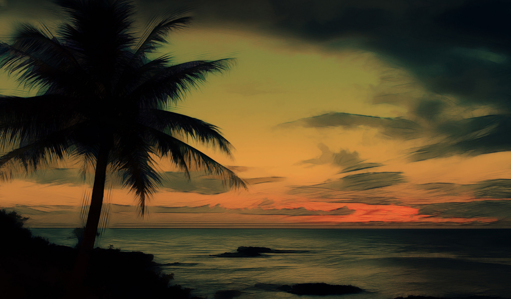 небо, пальма, берег, океан