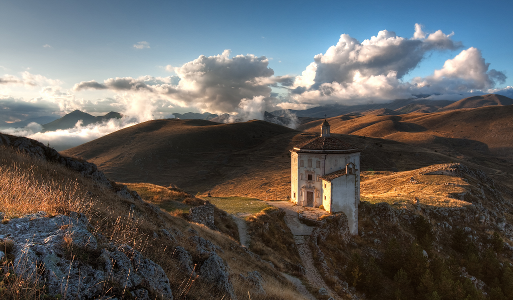 небо, камни, горы, церковь