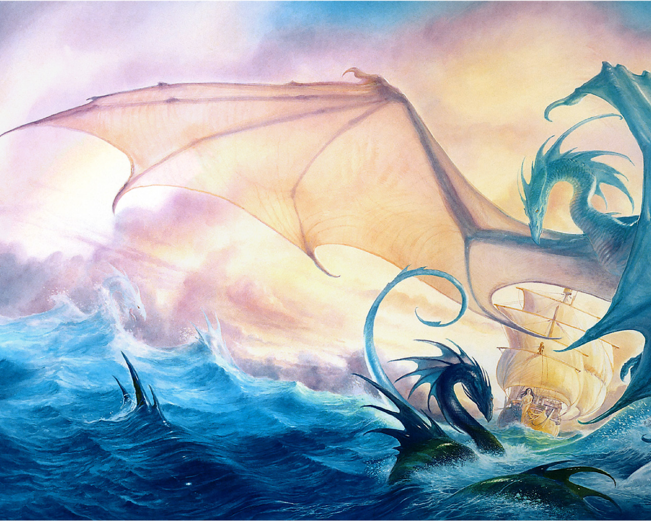 драконы, фентези, море, корабль