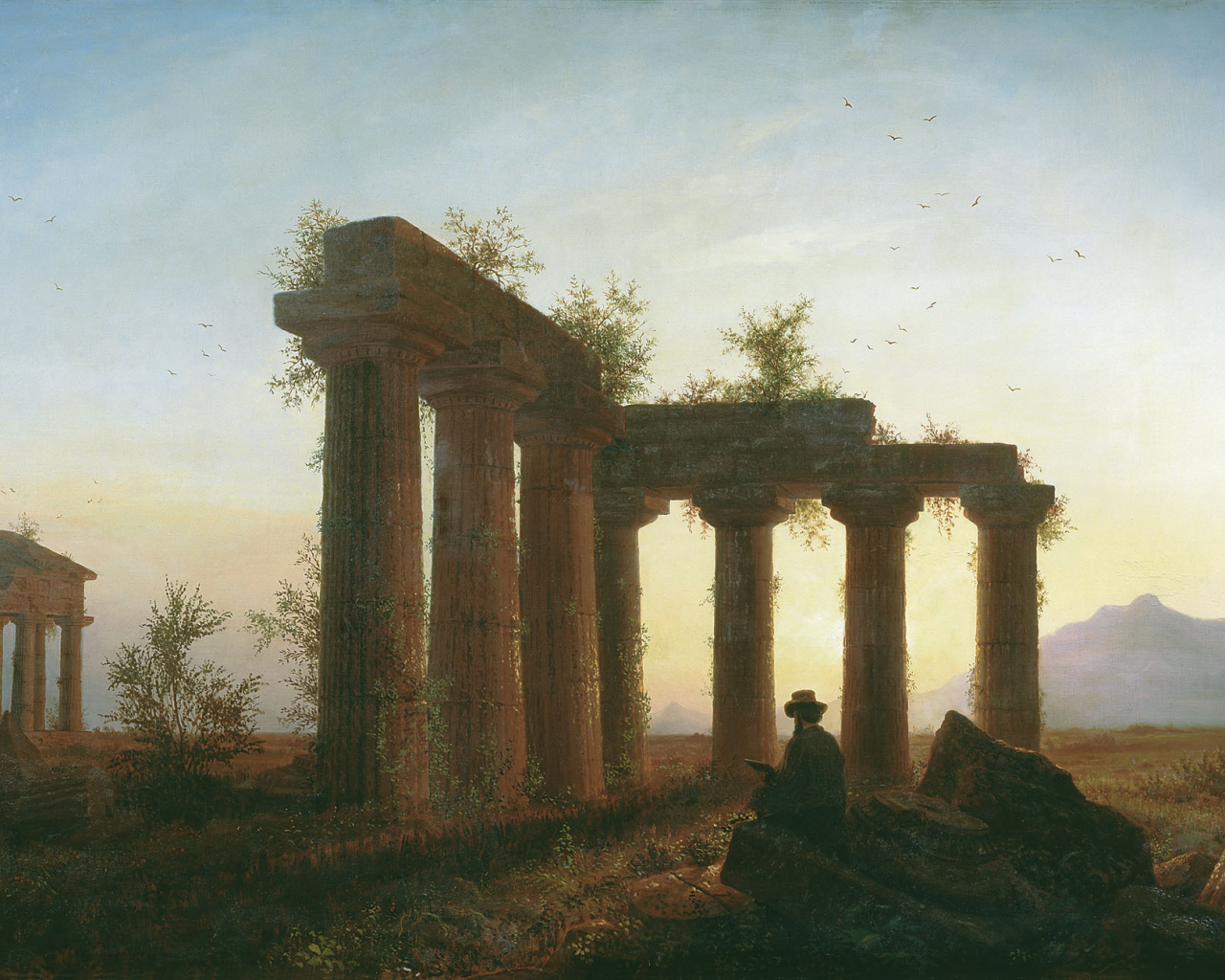 закат солнца, развалины, человек, греческий храм, живопись