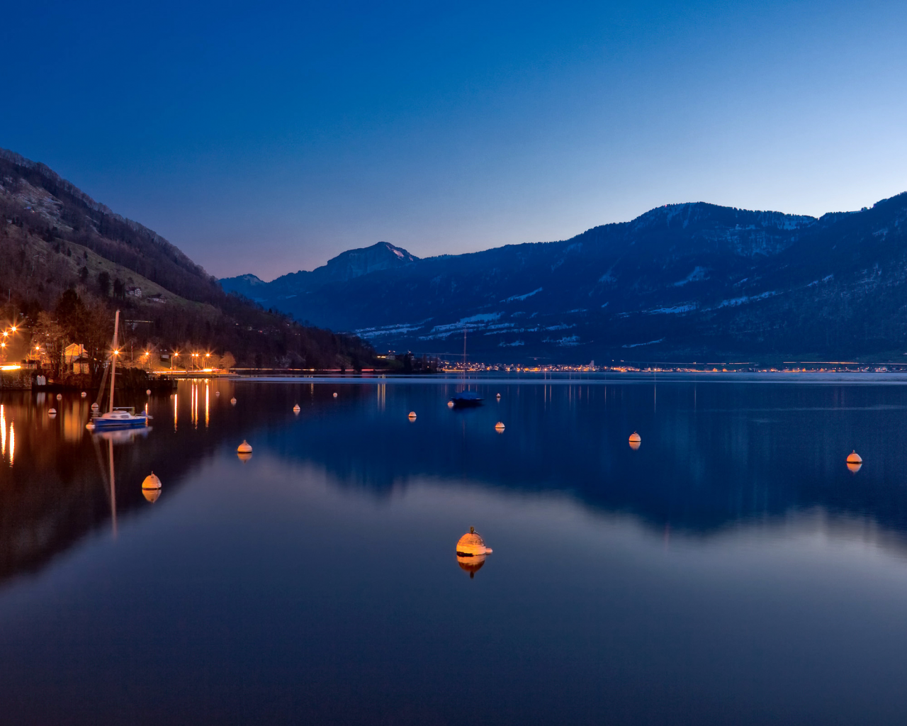 озеро, ночь, швейцария