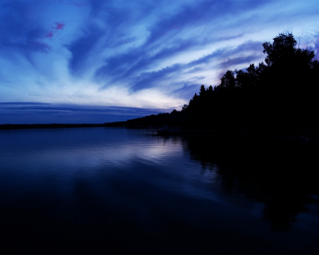 облака, вечер, синий, озеро