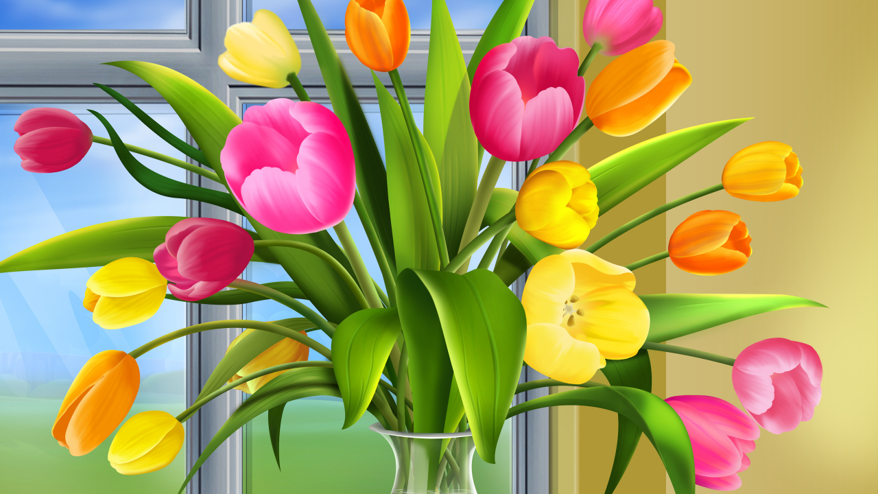 тюльпаны, ваза, окно