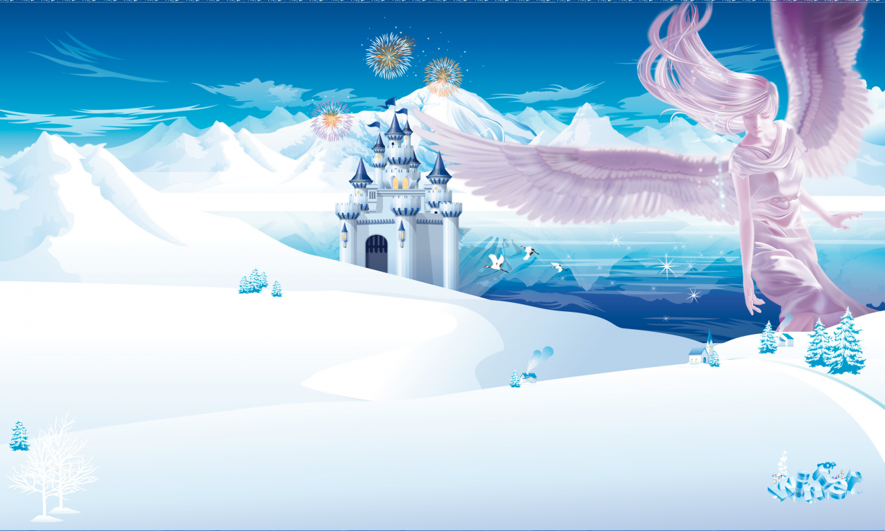 замок, зима, горы, ангел, аниме