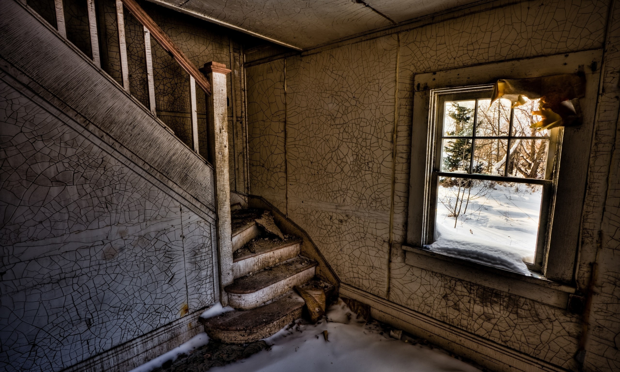 снег, окно, лестница, комната, развалины