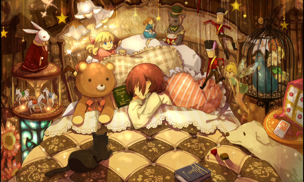спят, книжки, подушки, много, животные, девочка, игрушки, кровать, мальчик