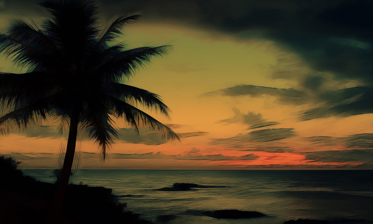 небо, пальма, берег, океан