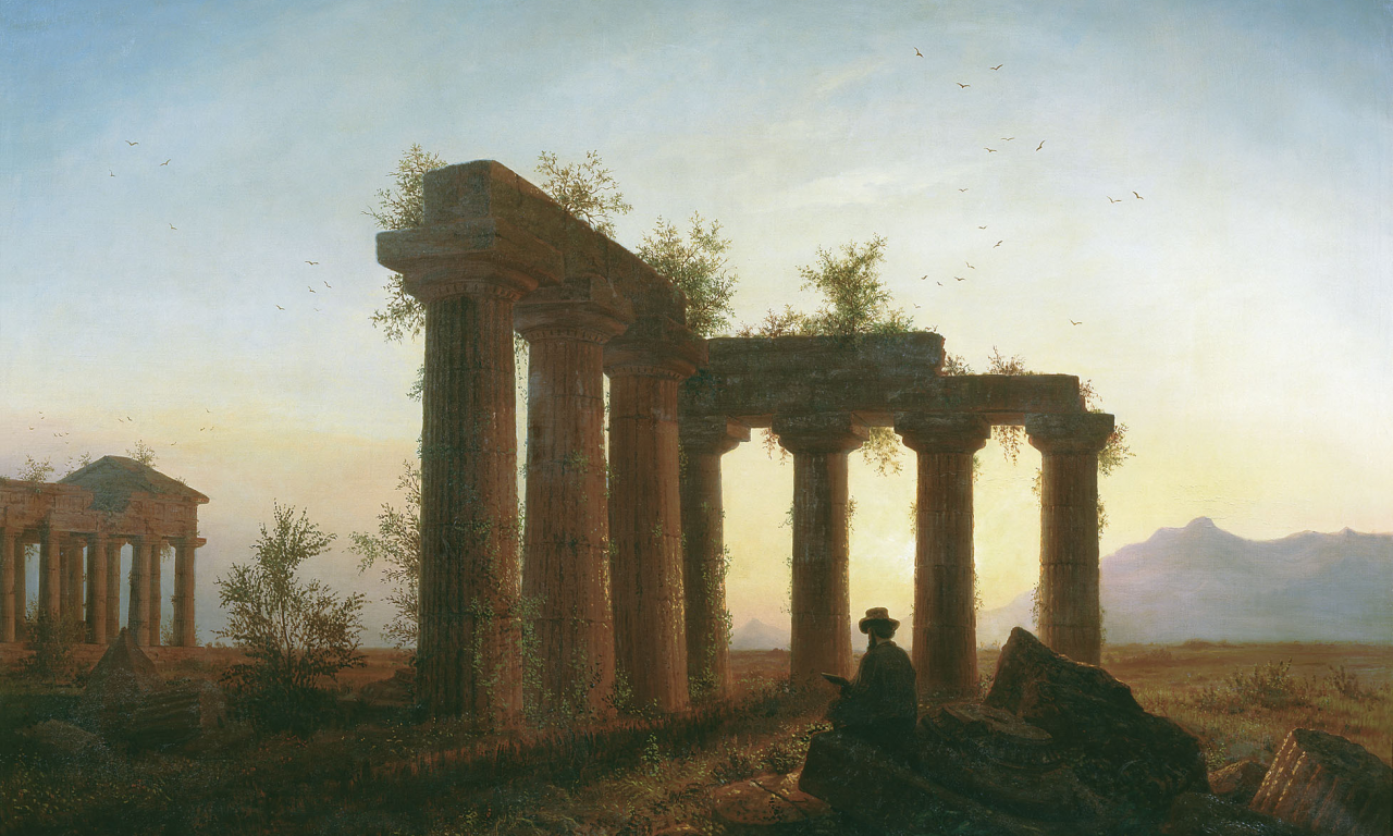закат солнца, развалины, человек, греческий храм, живопись