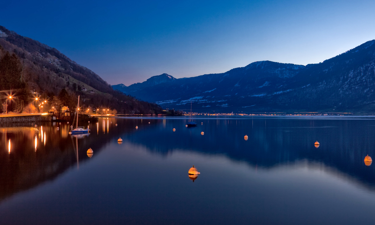 озеро, ночь, швейцария