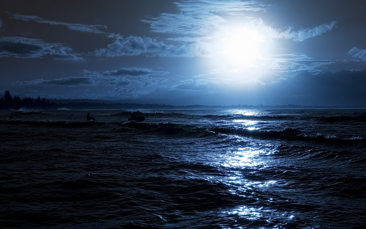 отражение, волны, море, море, серфинг, луна, лучи, ночь, блики, свечение, люди, доски