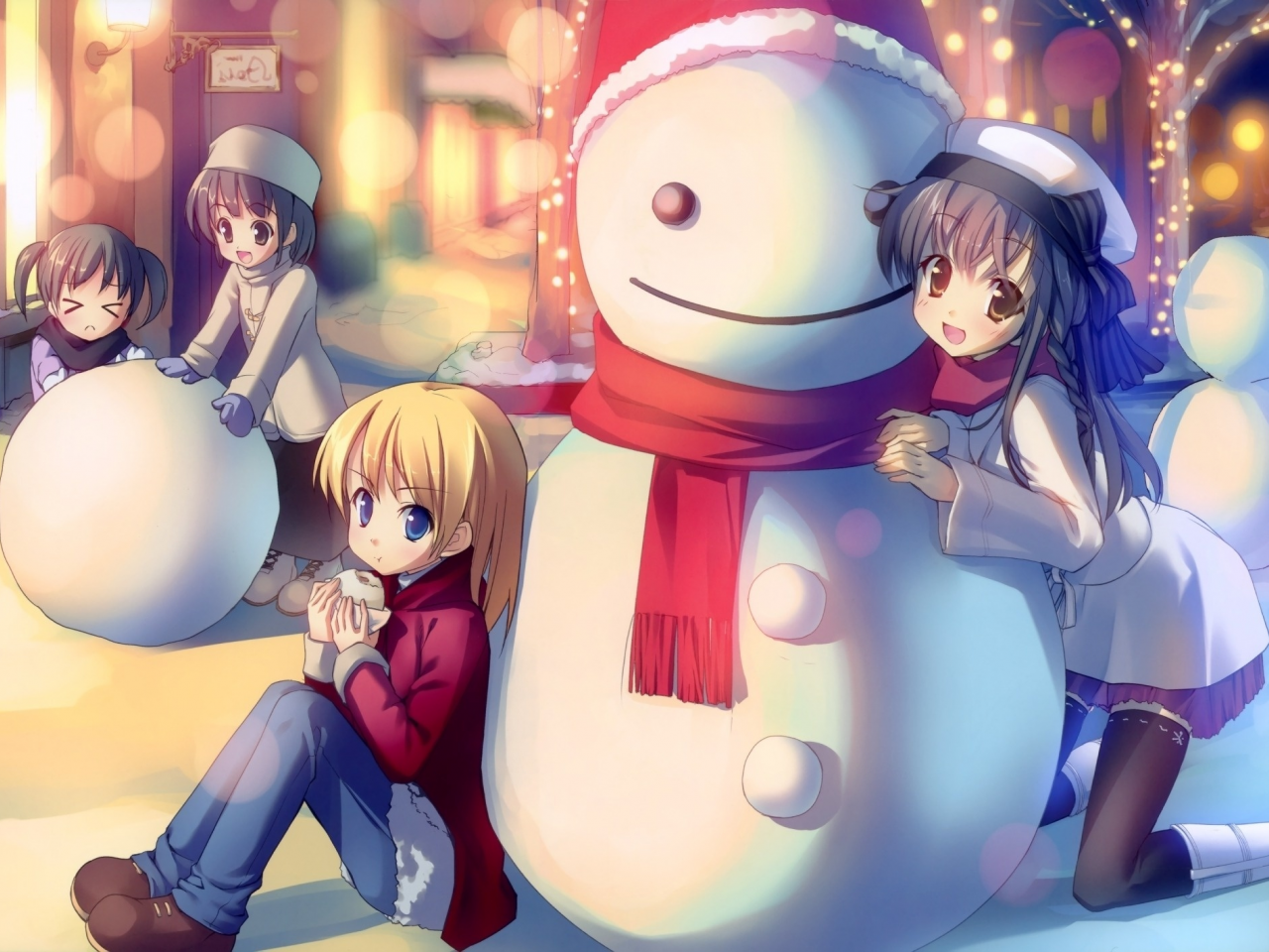 зима, снеговик, настроение, аниме, друзья