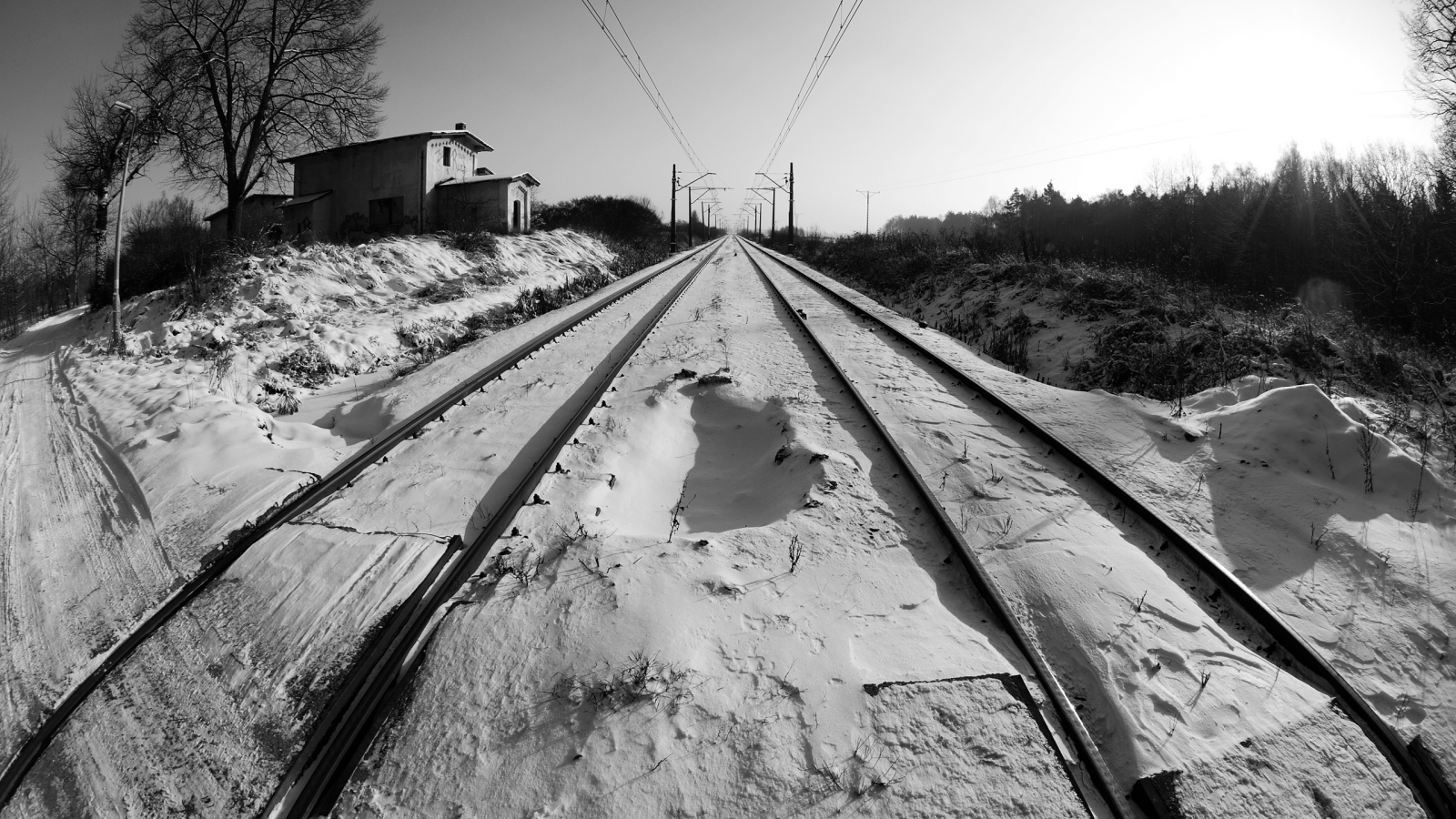 снег, перспектива, железная дорога, черно-белая, зима