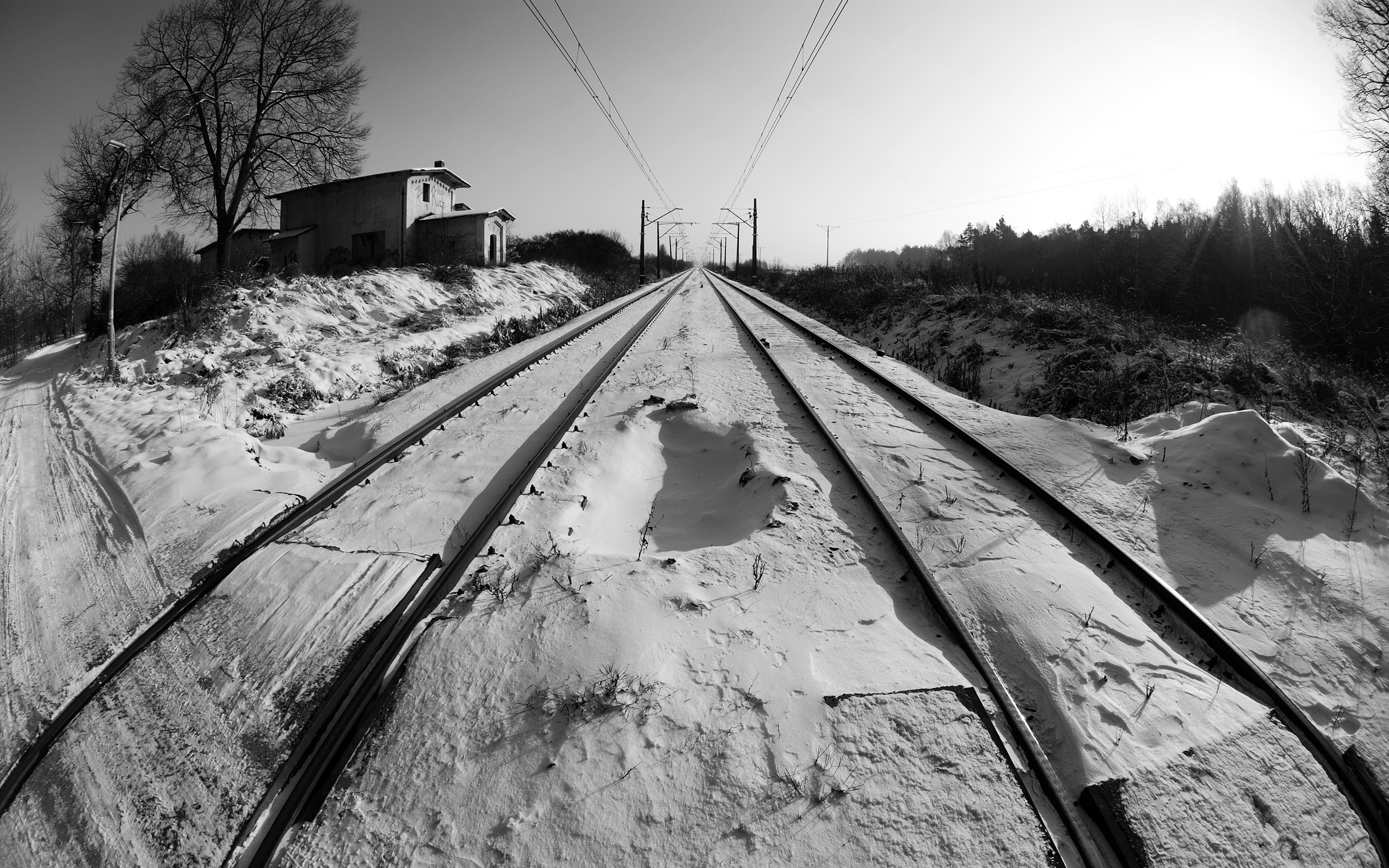 снег, перспектива, железная дорога, черно-белая, зима