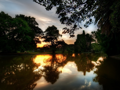 река, закат, отражение, деревья