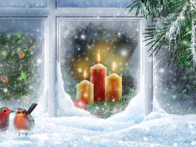 снег, новый год, вектор, свечи, елка, птицы