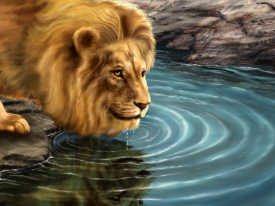лев, водопой, хищник, картина