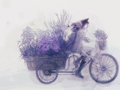 тележка, аниме, велосипед, цветы, парень