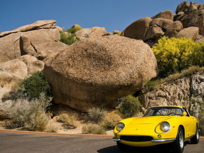 скалы, машина, авто, ferrari, 275 gtb, желтая, машины, автомобили, камни