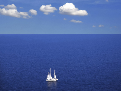 облака, горизонт, море, яхта, синий