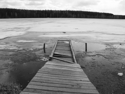 озеро, лед, лес, мост, черно-белая
