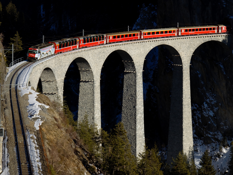 горы, швейцария, поезд, виадук, мост, красный, железная дорога