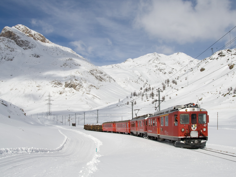 поезд, снег, красный, горы