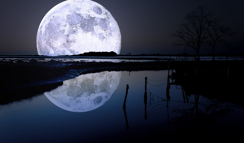 небо, Ночные пейзажи, вода, отражение, природа, луна