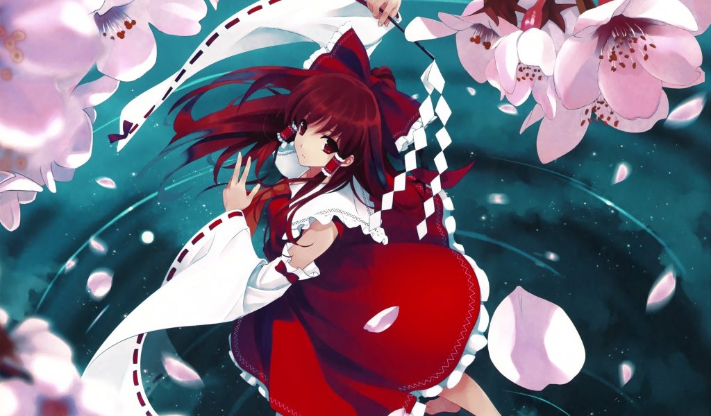 misaki kurehito, вода, лепестки, сакура, Hakurei reimu, touhou