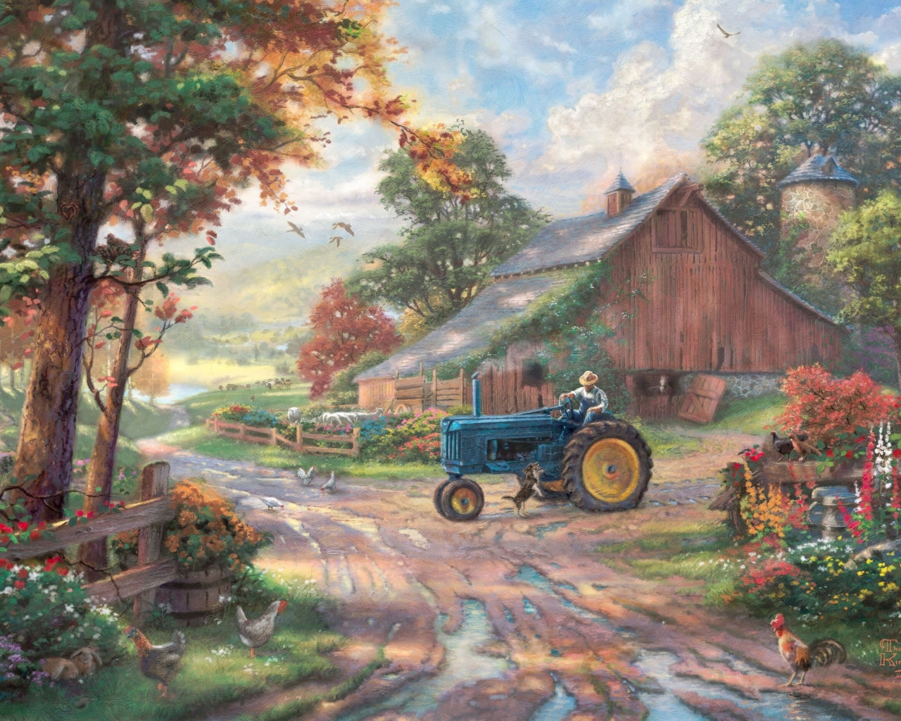 summer, tractor, barn, Summer heritage, farm, thomas kinkade, man, animals, kinkade, dog, painting