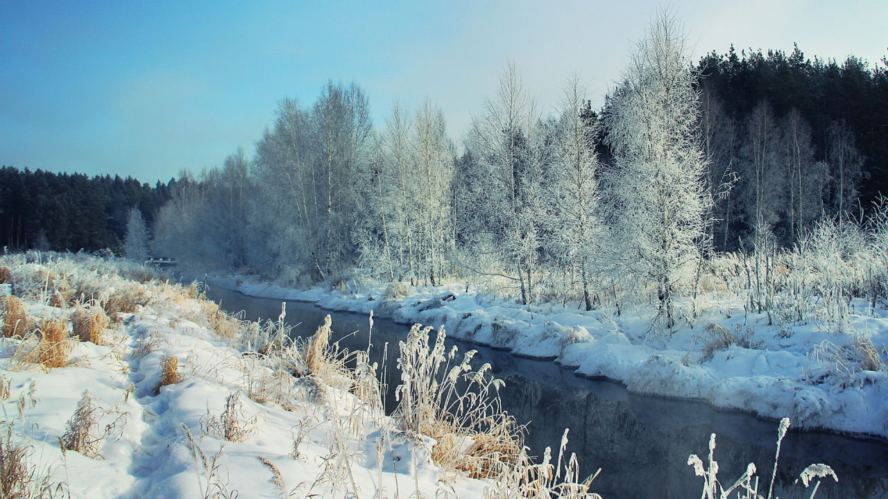 река, снег, Зима