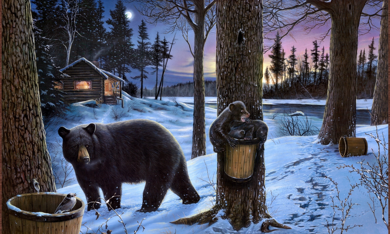 медвежата, ervin molnar, избушка, луна, природа, медведь, дом, лес, картина, midnight snack, зима, река
