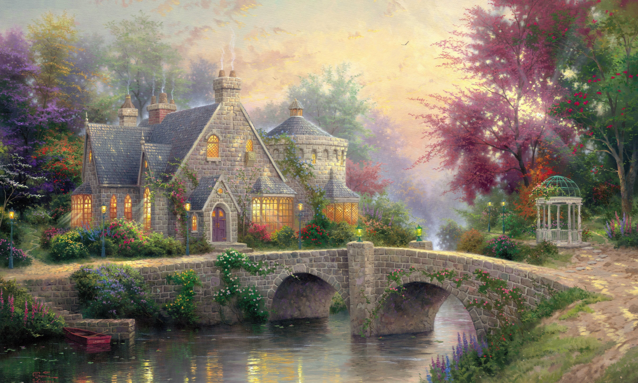 art, manor, lamps, thomas kinkade, bridge, painting, cottage, Lamplight manor, river, colorful