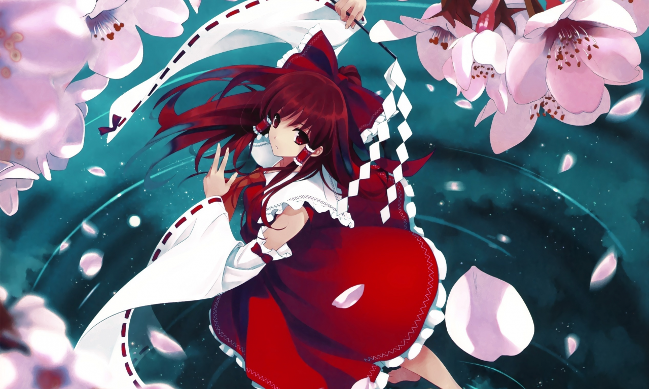 misaki kurehito, вода, лепестки, сакура, Hakurei reimu, touhou