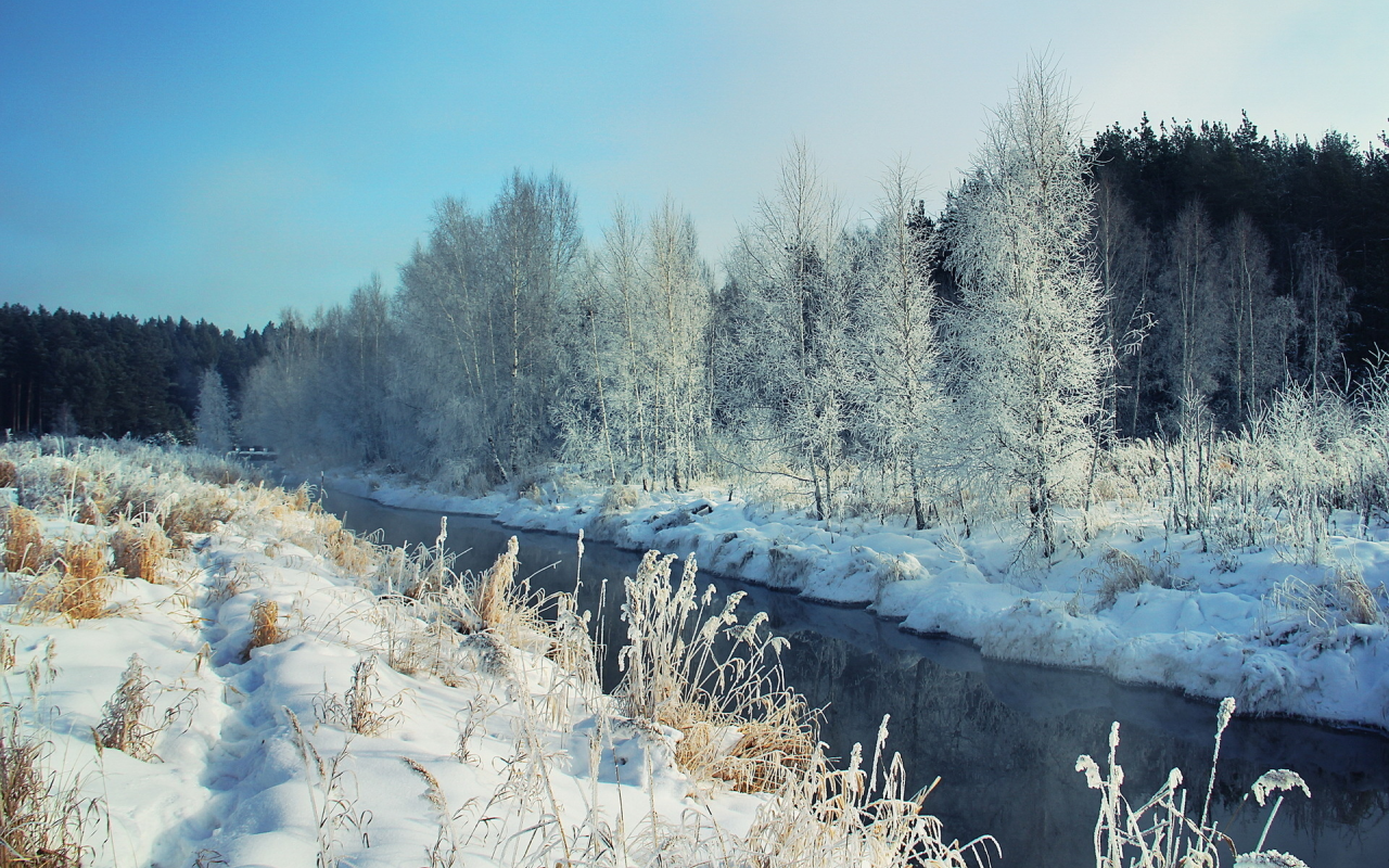 река, снег, Зима