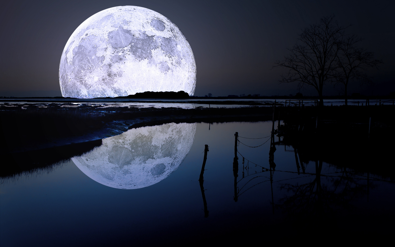 небо, Ночные пейзажи, вода, отражение, природа, луна