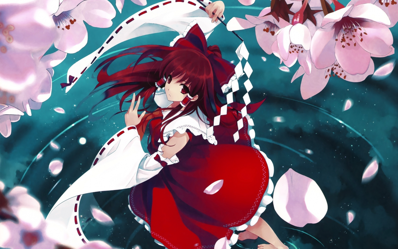 misaki kurehito, вода, лепестки, сакура, Hakurei reimu, touhou