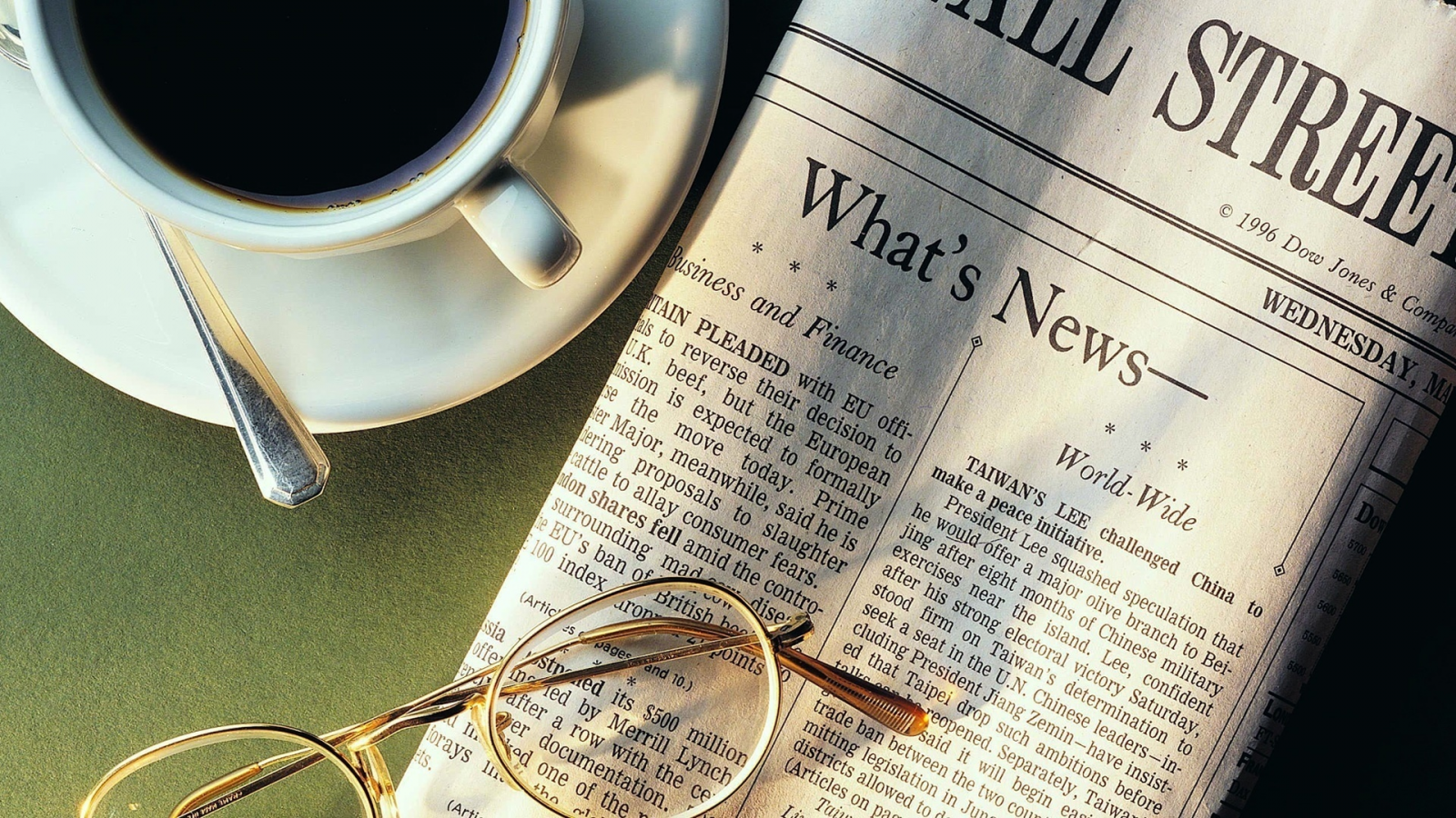 новости, ложка, подстаканник, очки, 1920x1080, news, чашка, кофе, газета