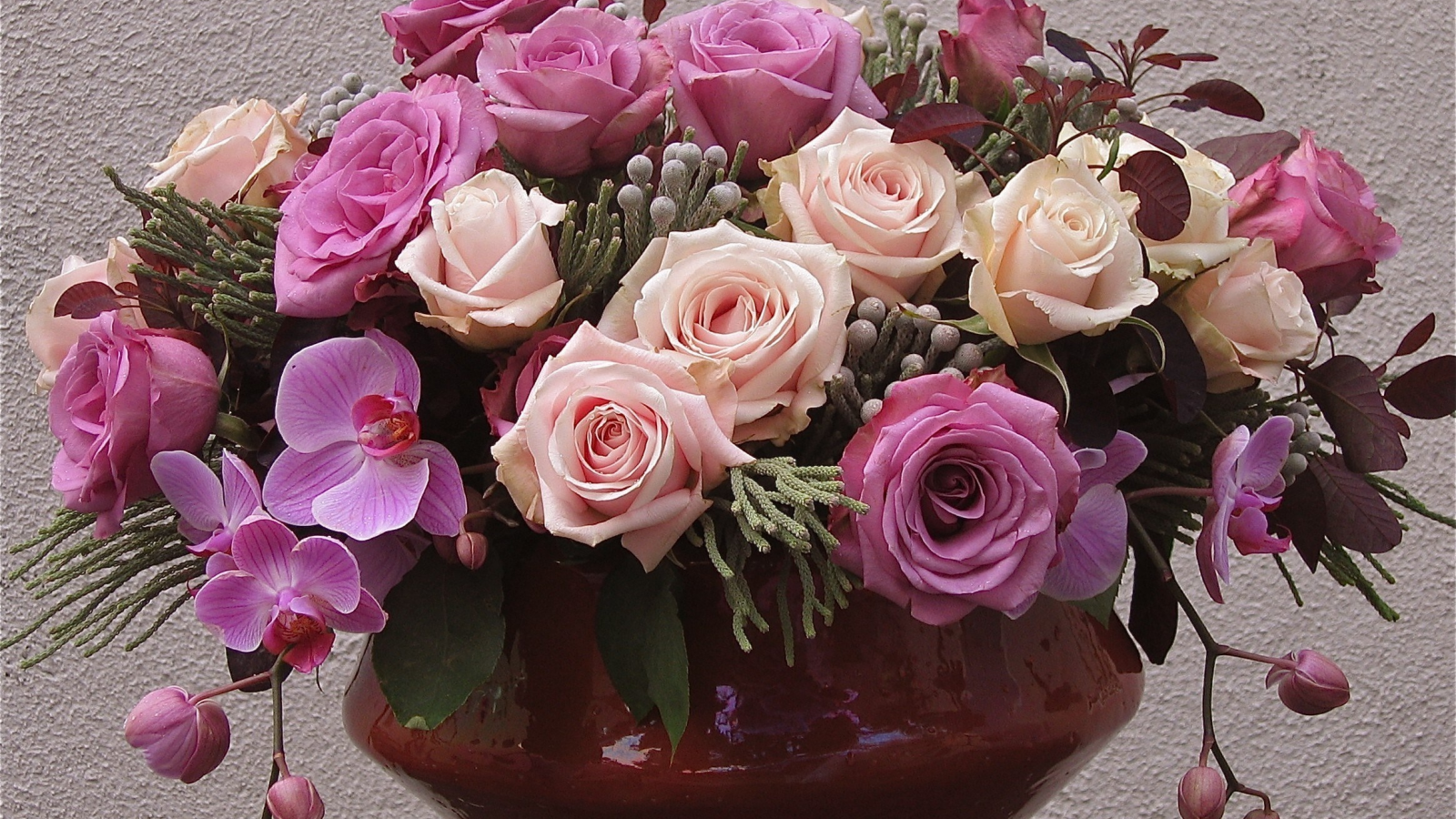 розовый, Цветы, фиолетовый, розы, ваза, орхидеи