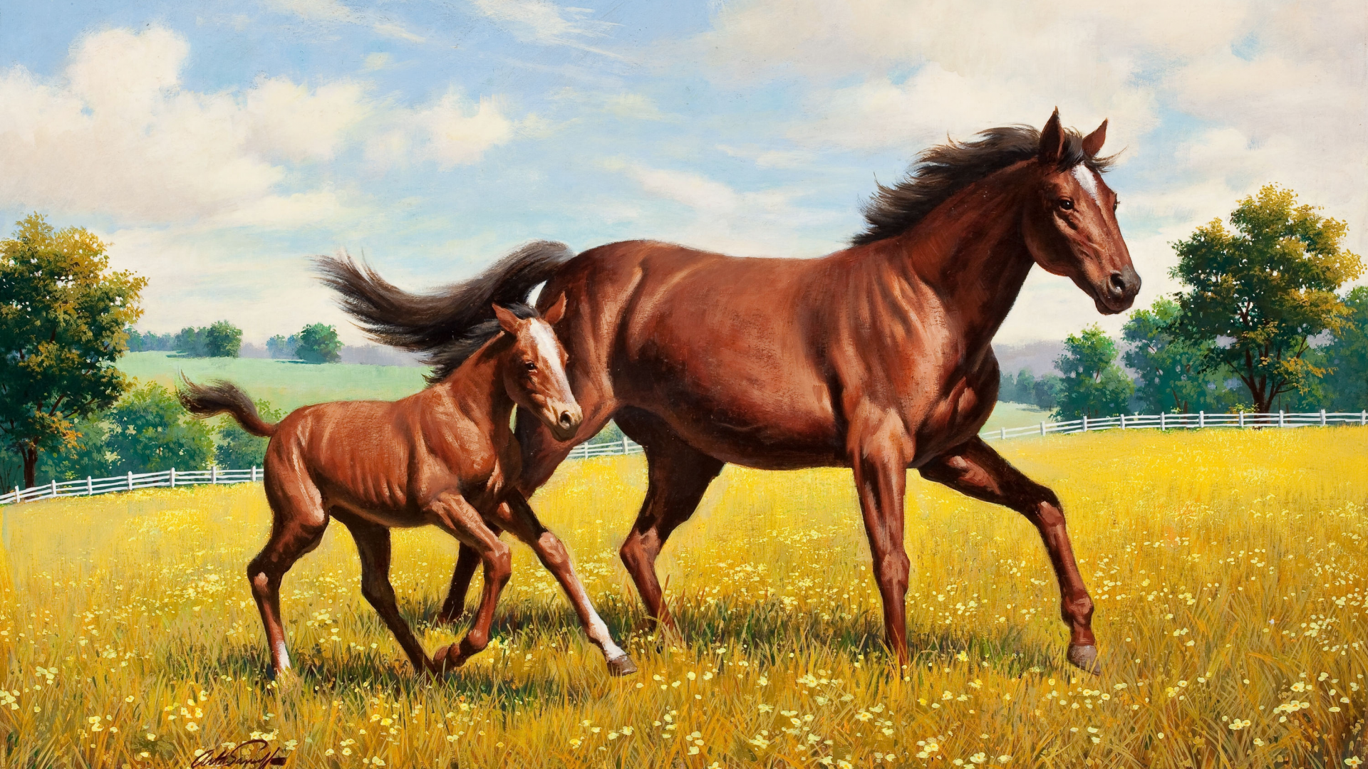 луг, лошадь, живопись, arthur saron sarnoff, жеребёнок
