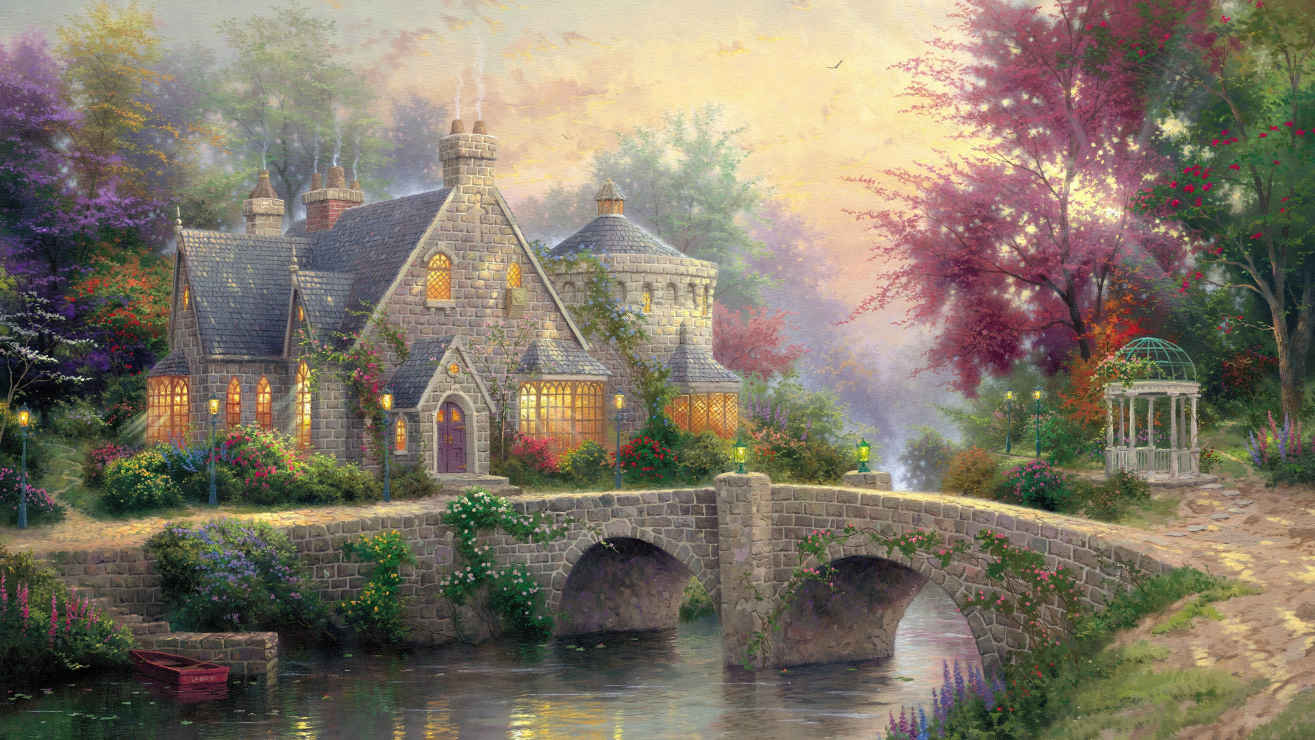 art, manor, lamps, thomas kinkade, bridge, painting, cottage, Lamplight manor, river, colorful