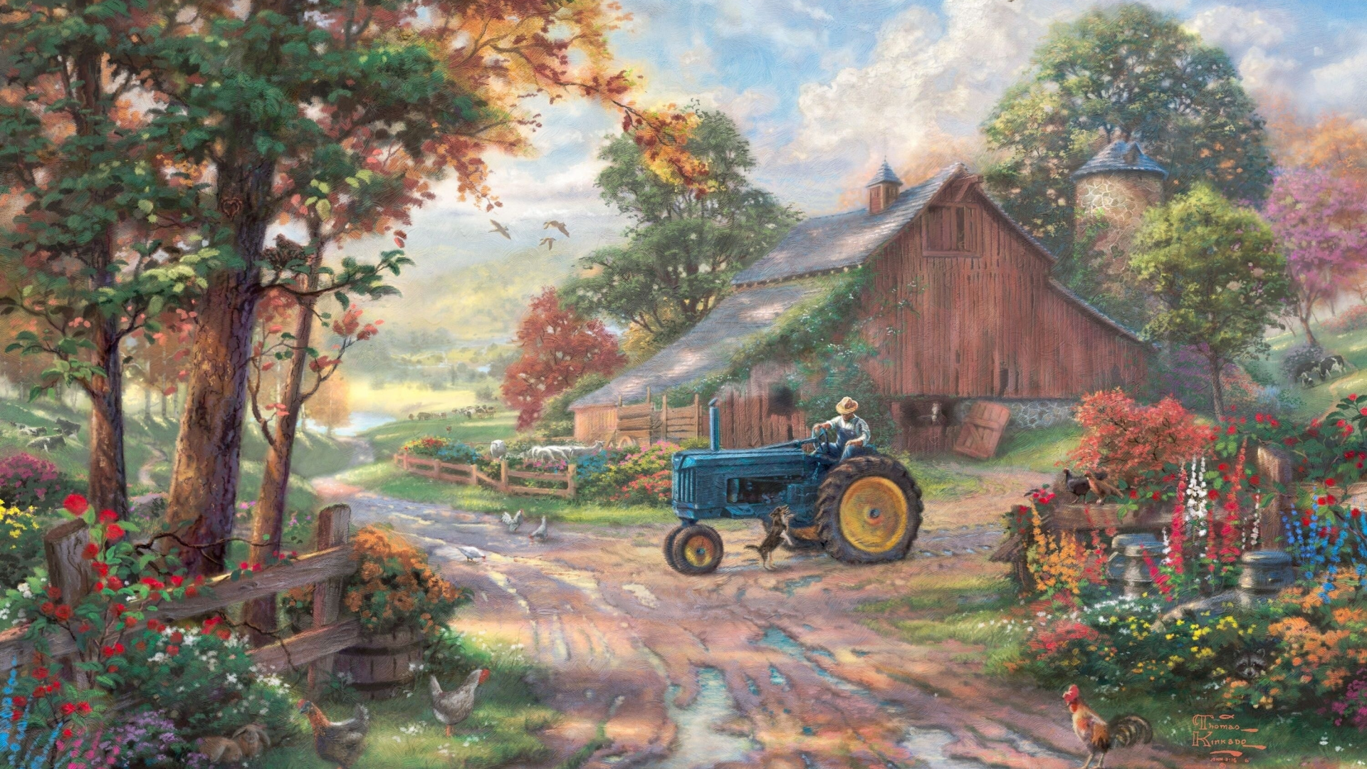 summer, tractor, barn, Summer heritage, farm, thomas kinkade, man, animals, kinkade, dog, painting