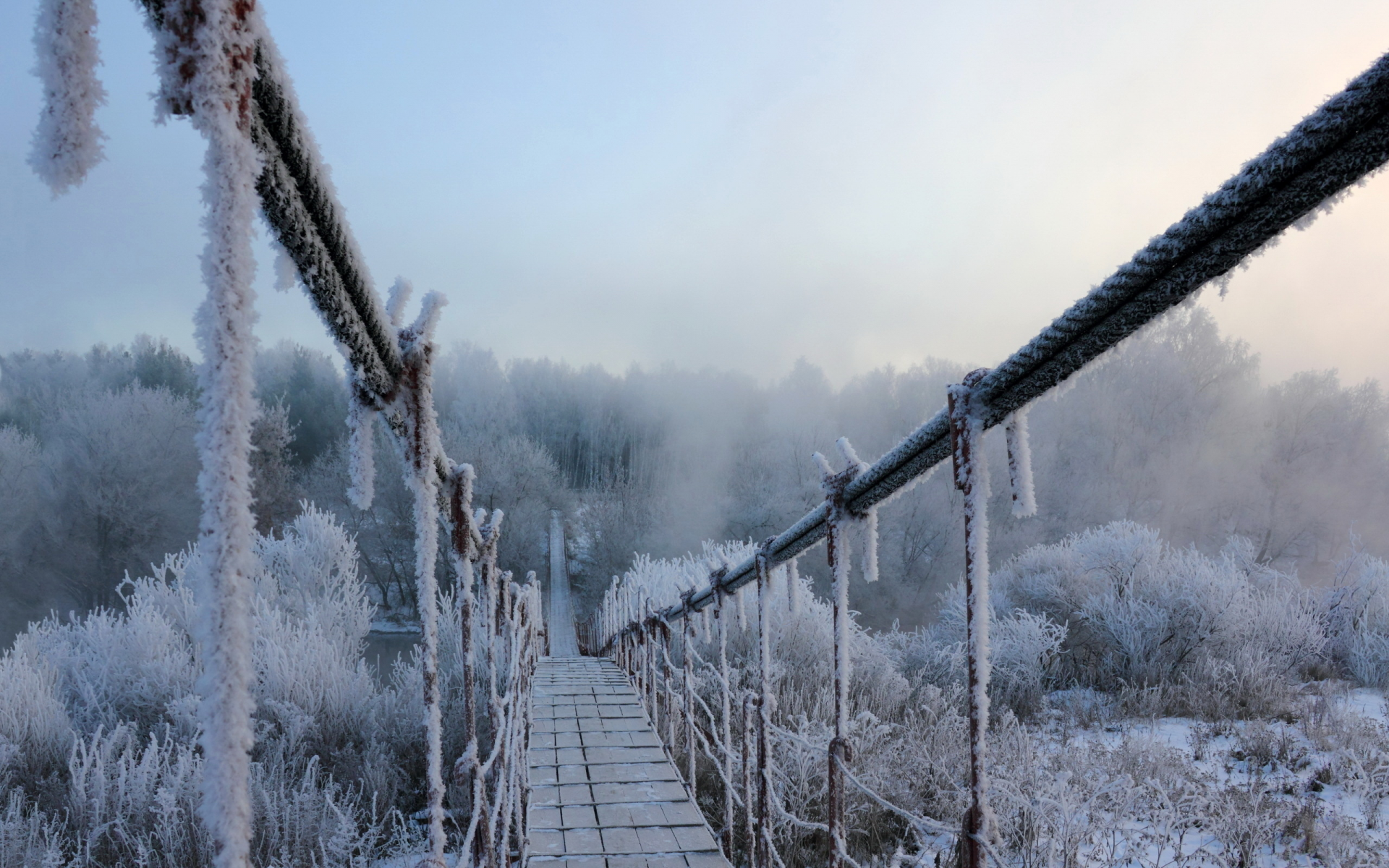 снег, зима, иней, Мост