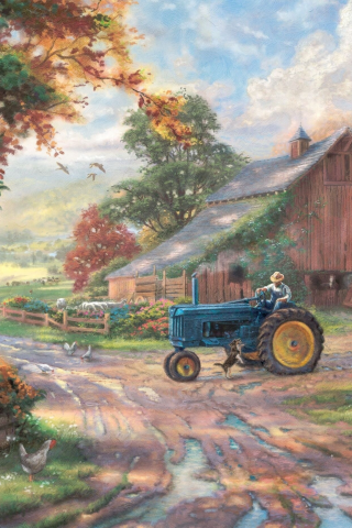 summer, tractor, barn, Summer heritage, farm, thomas kinkade, man, animals, kinkade, dog, painting