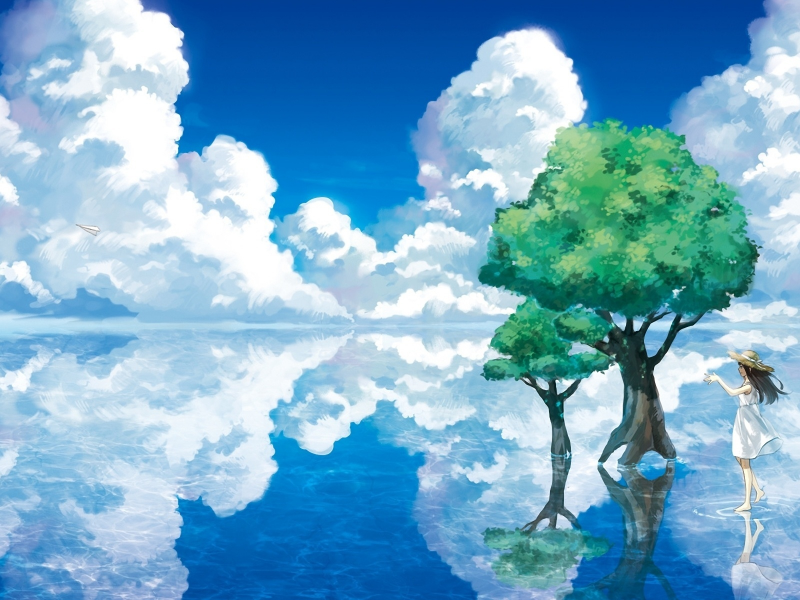 деревья, отражение, озеро, шляпа, арт, вода, бумажный самолетик, девочка, облака, пейзаж